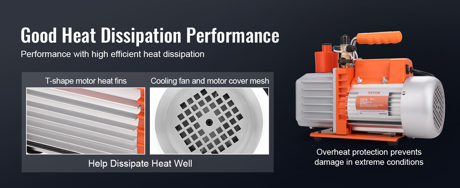 VEVOR hvac vacuum pump with enhanced heat dissipation via t-shape motor fins and cooling fan mesh.