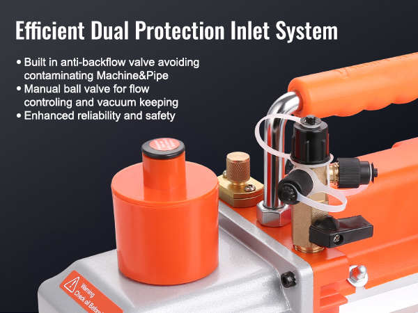 VEVOR hvac vacuum pump with efficient dual protection inlet system, anti-backflow valve, and manual ball valve.