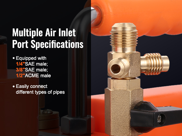 multiple air inlet port specifications for the VEVOR hvac vacuum pump with sae and acme connectors.