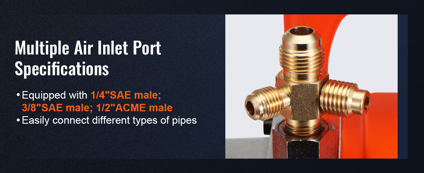multiple air inlet port specifications for the VEVOR hvac vacuum pump with sae and acme connectors.
