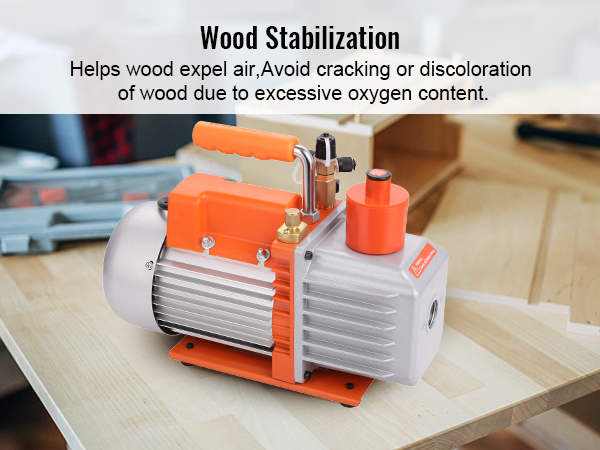 VEVOR hvac vacuum pump for wood stabilization on a table, helps avoid wood cracking and discoloration.