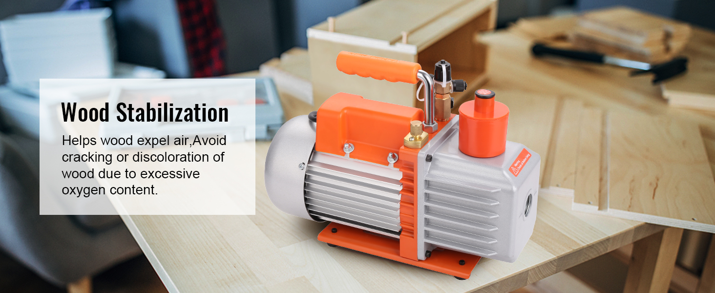 VEVOR hvac vacuum pump for wood stabilization on a table, helps avoid wood cracking and discoloration.