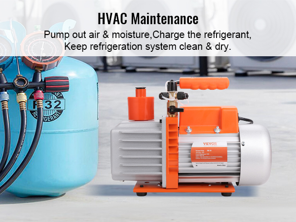 VEVOR hvac vacuum pump used for maintenance alongside refrigerant tank and outdoor ac units.