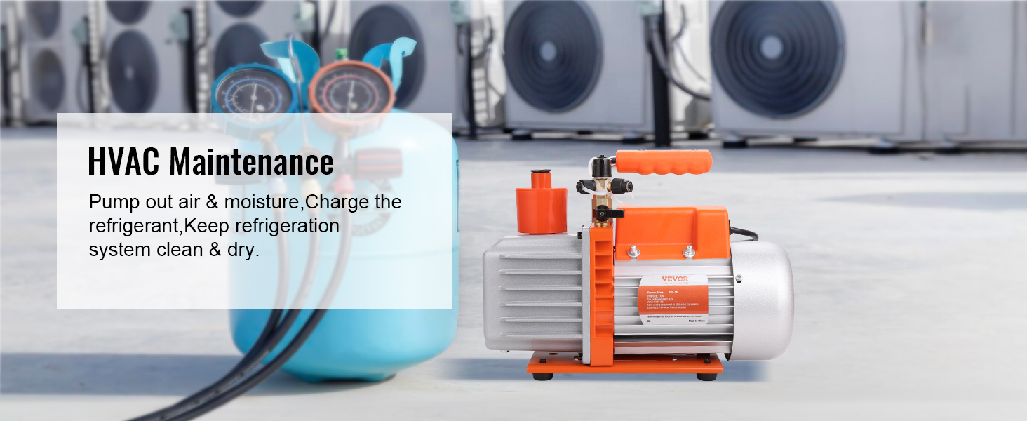 VEVOR hvac vacuum pump used for maintenance alongside refrigerant tank and outdoor ac units.