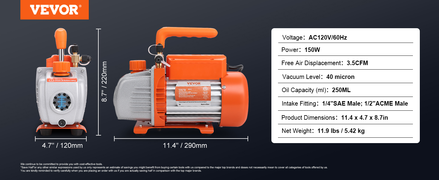VEVOR vacuum pump with 150w power, 3.5cfm air displacement, and 40 micron vacuum level, dimensions 11.4x4.7x8.7in.