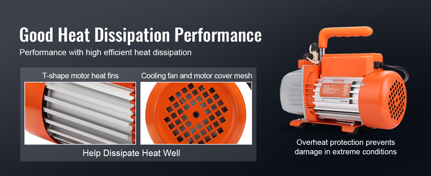 VEVOR vacuum pump with t-shape motor heat fins and cooling fan for excellent heat dissipation.