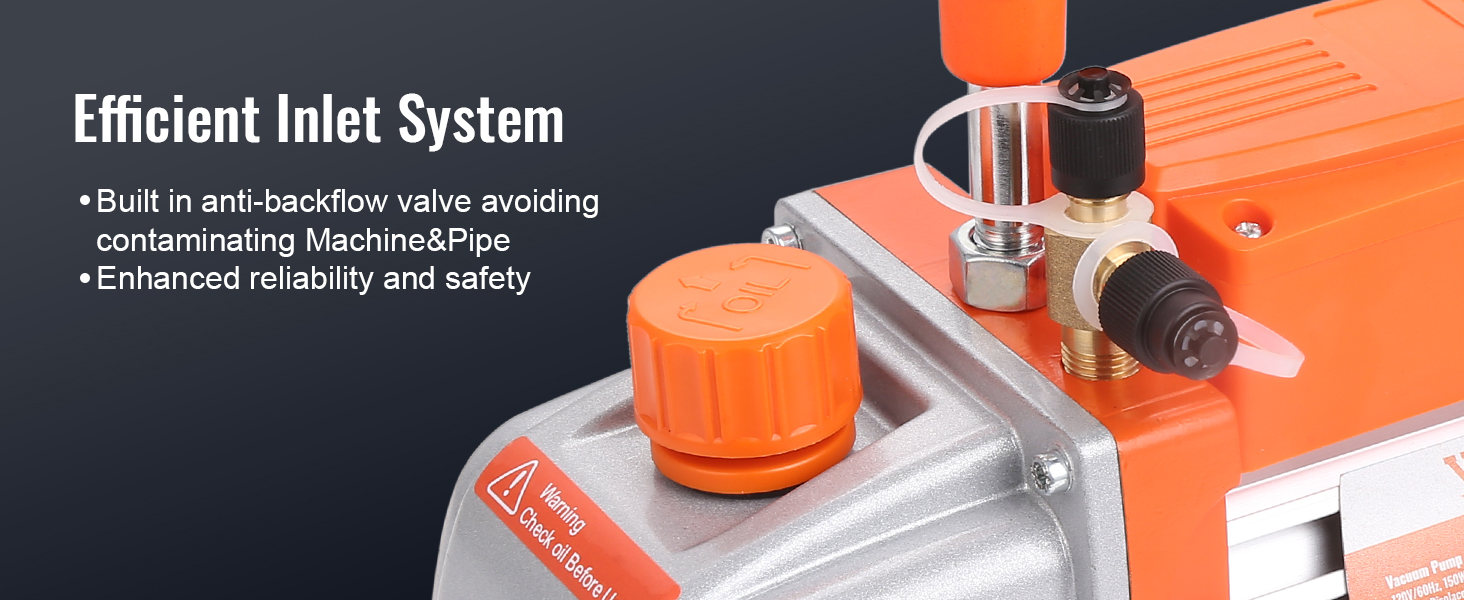 VEVOR vacuum pump with efficient inlet system, anti-backflow valve, and enhanced reliability features.