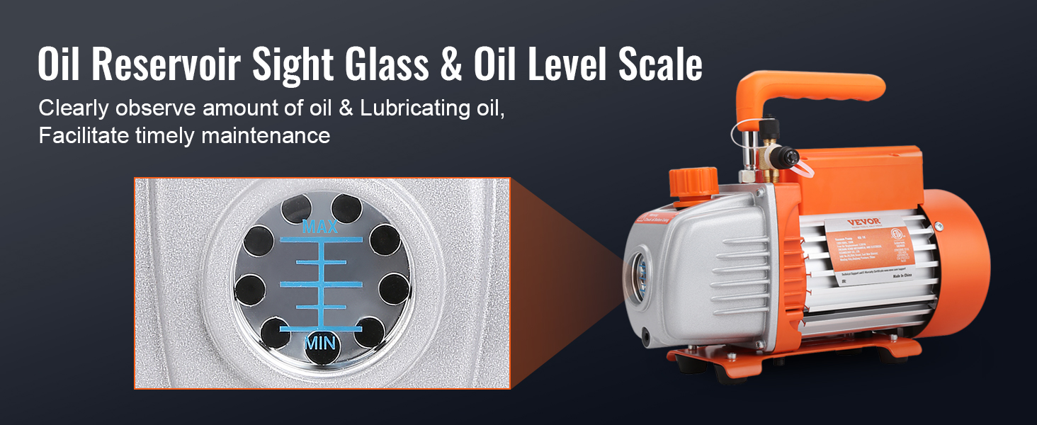 orange VEVOR vacuum pump with oil reservoir sight glass and oil level scale for easy maintenance.
