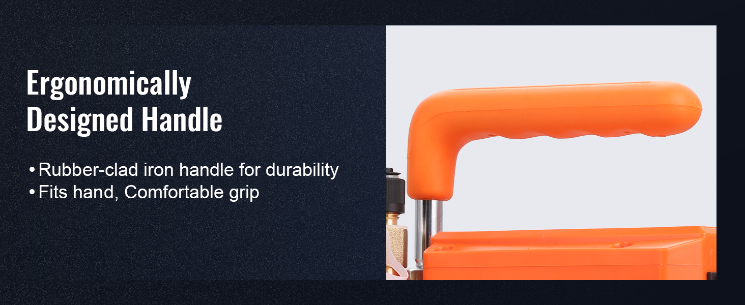 ergonomically designed handle of a VEVOR vacuum pump with durable rubber-clad iron for a comfortable grip.