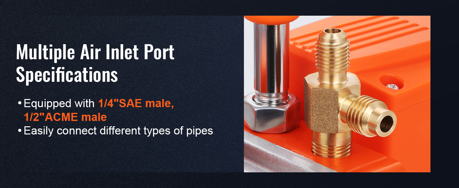 VEVOR vacuum pump air inlet ports with 1/4" sae male and 1/2" acme male connectors.