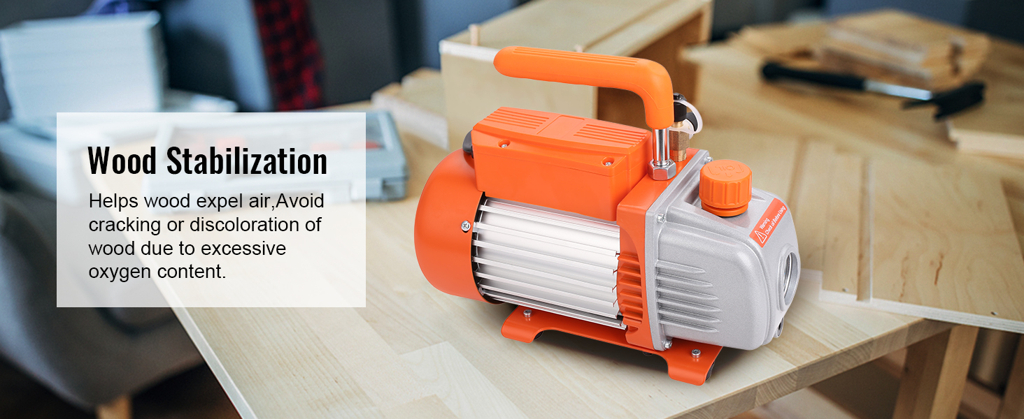 VEVOR vacuum pump used for wood stabilization on a countertop, preventing cracking and discoloration.