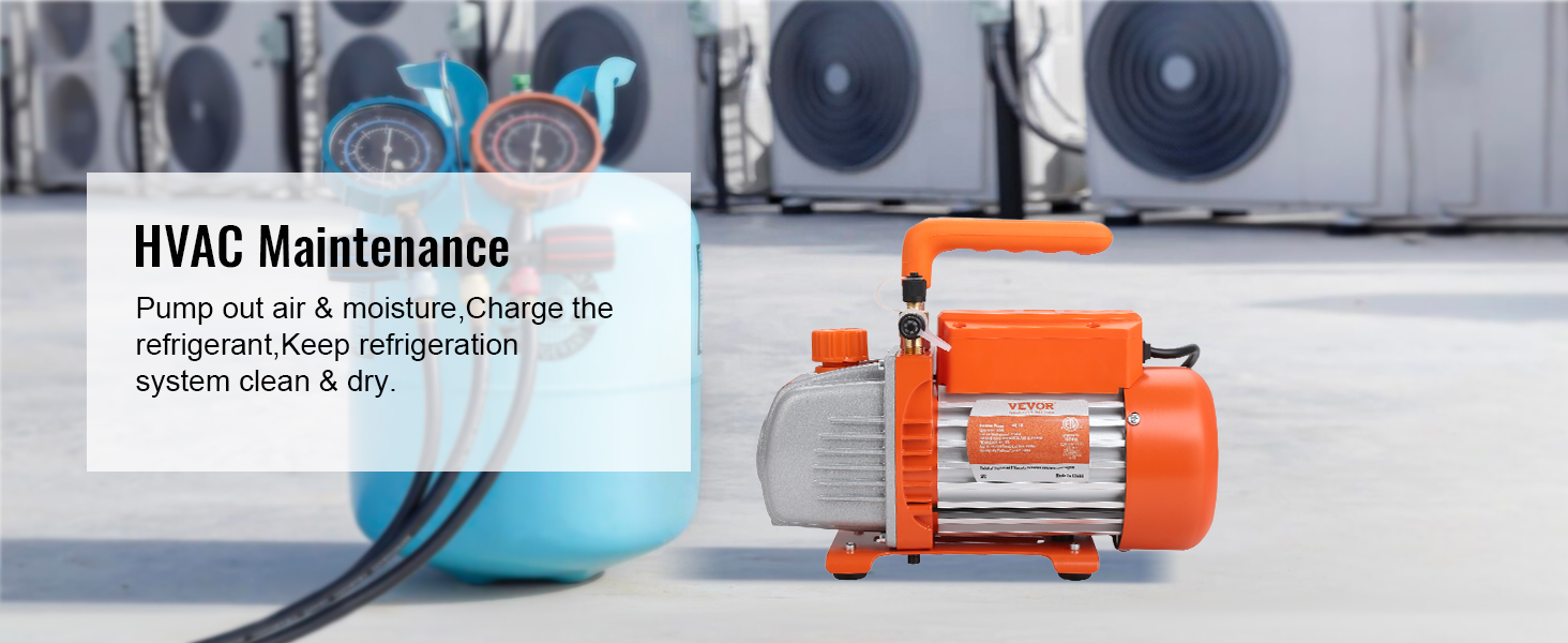 hvac maintenance setup with VEVOR vacuum pump, refrigerant tank, and air conditioning units in background.