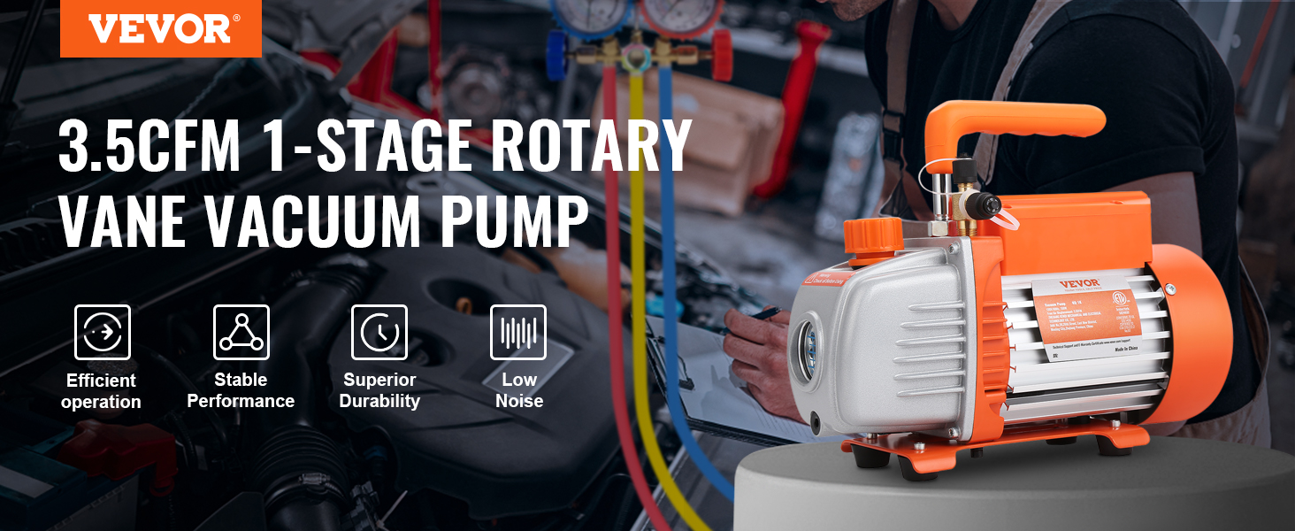 VEVOR vacuum pump with 3.5cfm 1-stage rotary vane, featuring efficient operation, stable performance.
