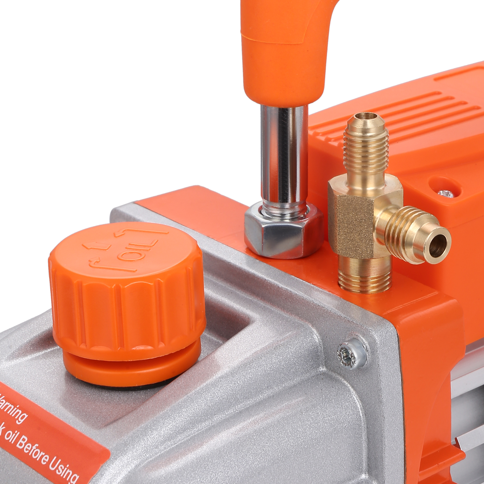 VEVOR vacuum pump close-up, showcasing orange knob, brass fittings, and metallic components.