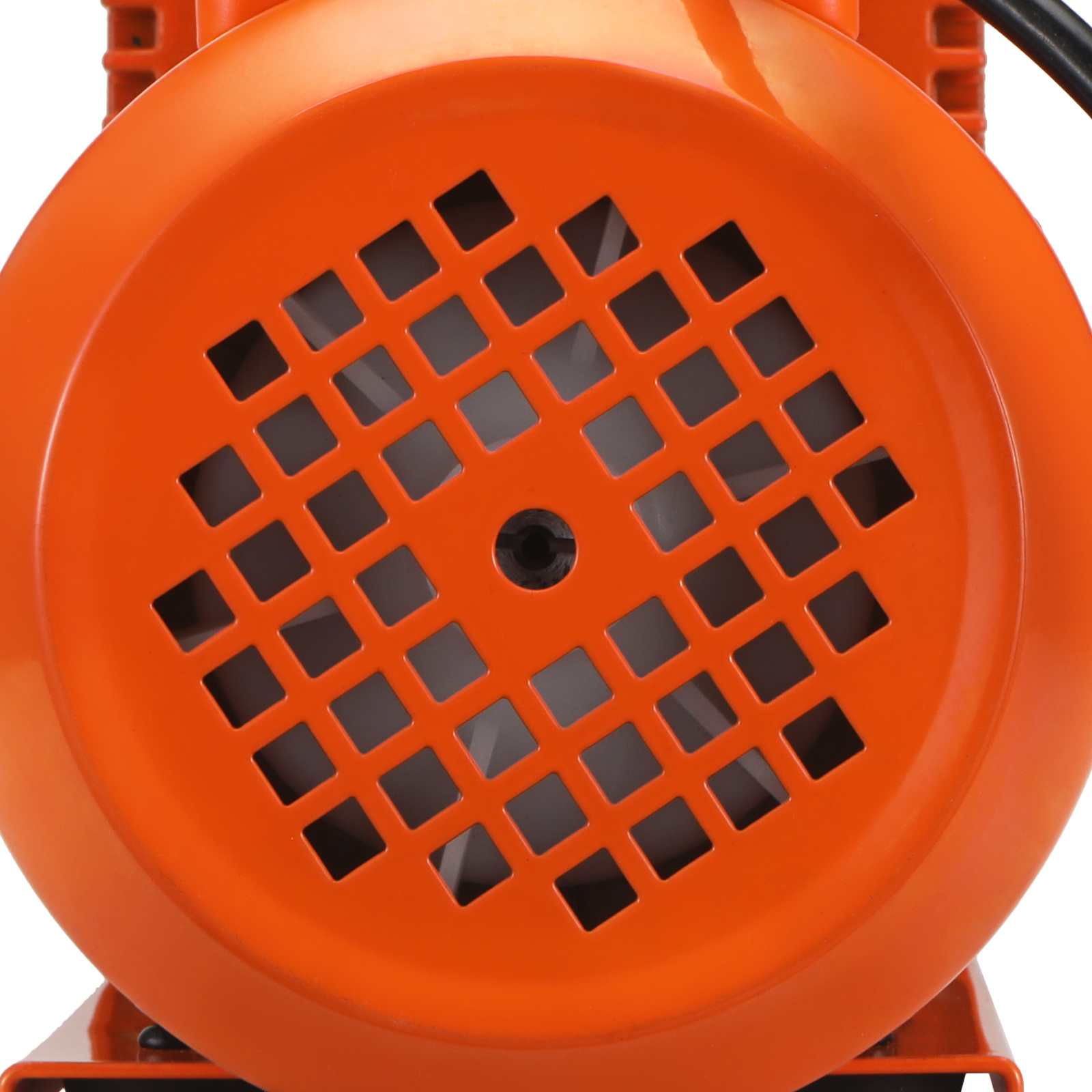 close-up of the orange VEVOR vacuum pump, featuring a ventilated protective cover and visible fan blades.
