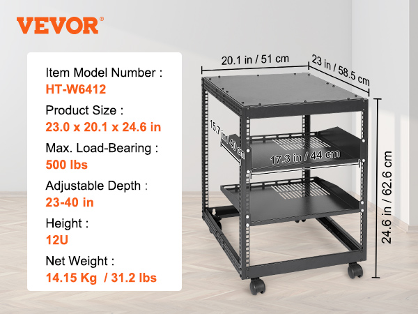 VEVOR server rack ht-w6412, 12u, 23 x 20.1 x 24.6 in, 500 lbs load, adjustable depth 23-40 in.