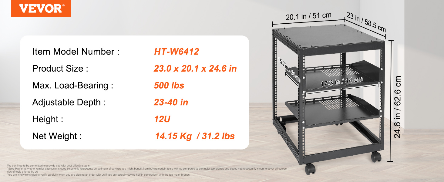 VEVOR server rack ht-w6412, 12u, 23 x 20.1 x 24.6 in, 500 lbs load, adjustable depth 23-40 in.