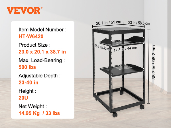 VEVOR server rack dimensions: 23 x 20.1 x 38.7 inches, max load-bearing 500 lbs, adjustable depth 23-40 inches.