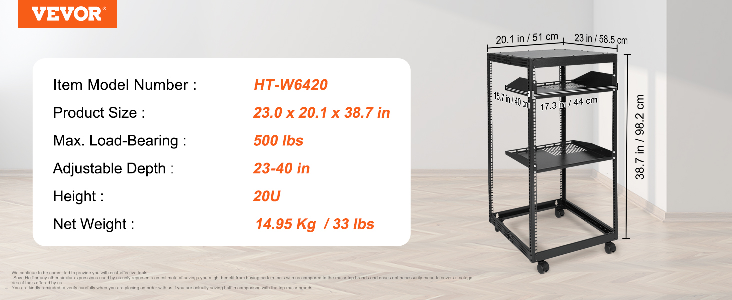 VEVOR server rack dimensions: 23 x 20.1 x 38.7 inches, max load-bearing 500 lbs, adjustable depth 23-40 inches.