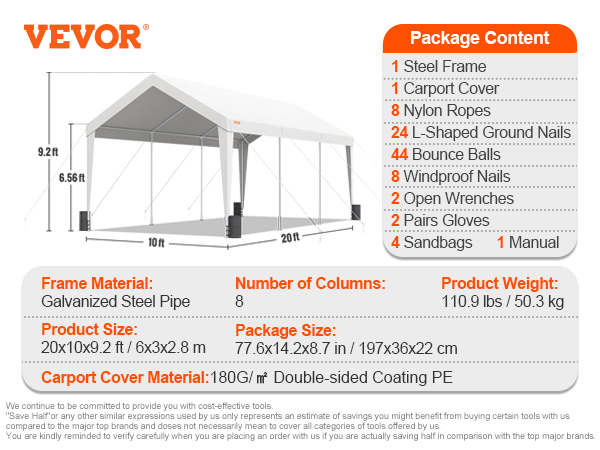VEVOR carport: heavy-duty white carport with galvanized steel frame, 10x20x9.3 feet. package includes cover, tools.