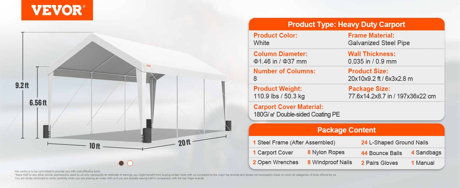 VEVOR carport: heavy-duty white carport with galvanized steel frame, 10x20x9.3 feet. package includes cover, tools.