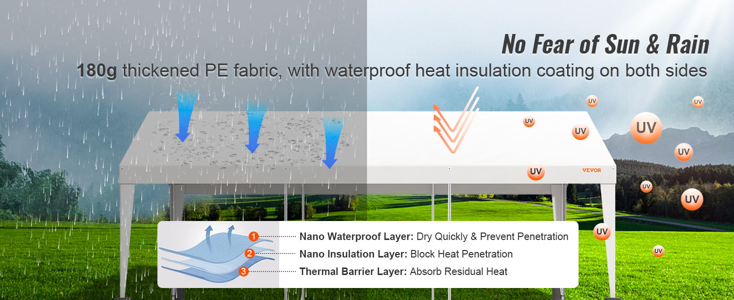 VEVOR carport with 180g pe fabric, waterproof and uv protection, suitable for all weather conditions.