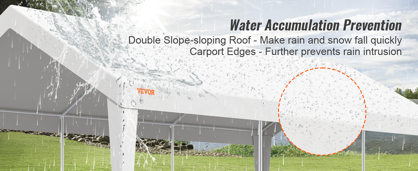 VEVOR carport with double slope roof prevents water accumulation efficiently.