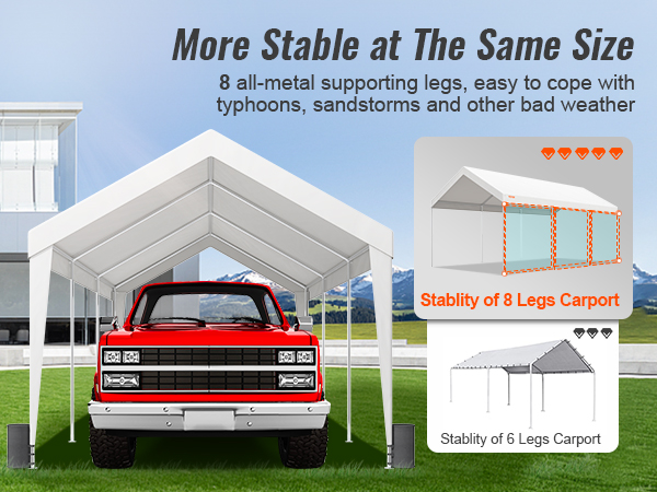 VEVOR carport with 8 metal legs, red truck under white cover, durability against extreme weather.