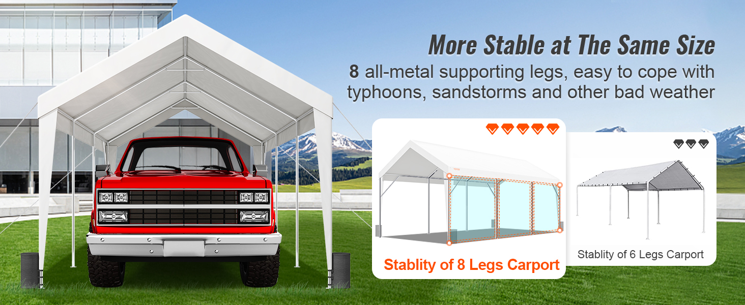 VEVOR carport with 8 metal legs, red truck under white cover, durability against extreme weather.