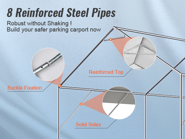 8 reinforced steel pipes in VEVOR carport with buckle fixation, reinforced top, and solid sides.