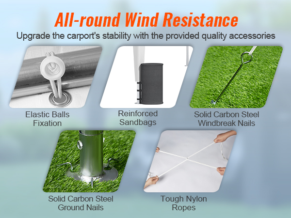 all-round wind resistance with VEVOR carport using elastic balls, sandbags, steel nails, and nylon ropes.