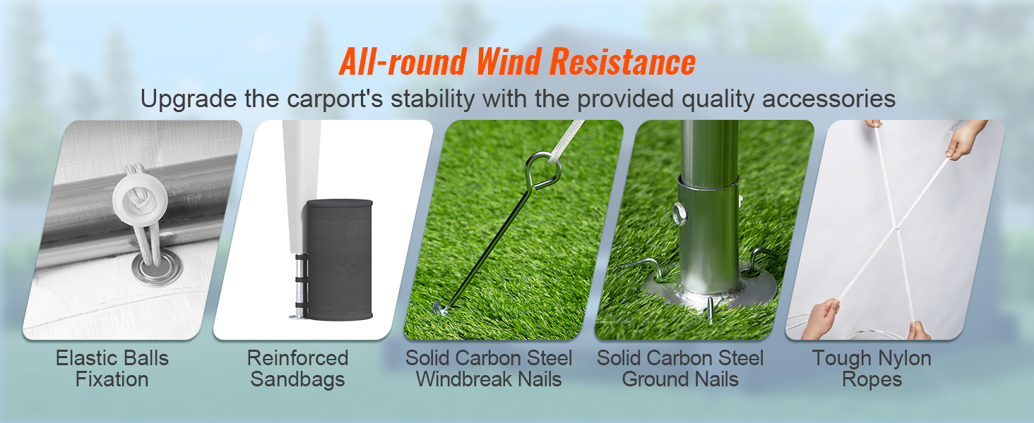 all-round wind resistance with VEVOR carport using elastic balls, sandbags, steel nails, and nylon ropes.
