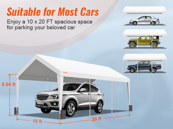 VEVOR carport showcasing dimensions and compatibility with various cars, 10x20 ft spacious parking.