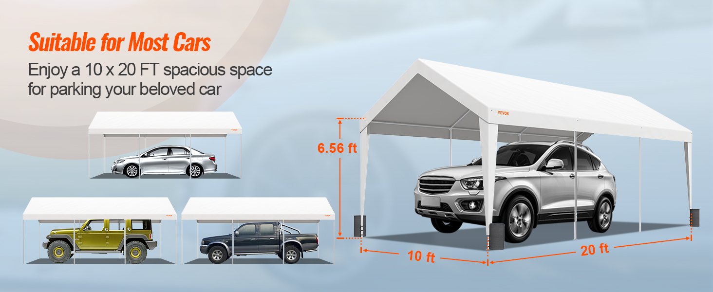 VEVOR carport showcasing dimensions and compatibility with various cars, 10x20 ft spacious parking.