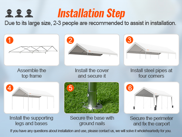VEVOR carport installation steps include assembling the frame, securing beams, and installing the cover.