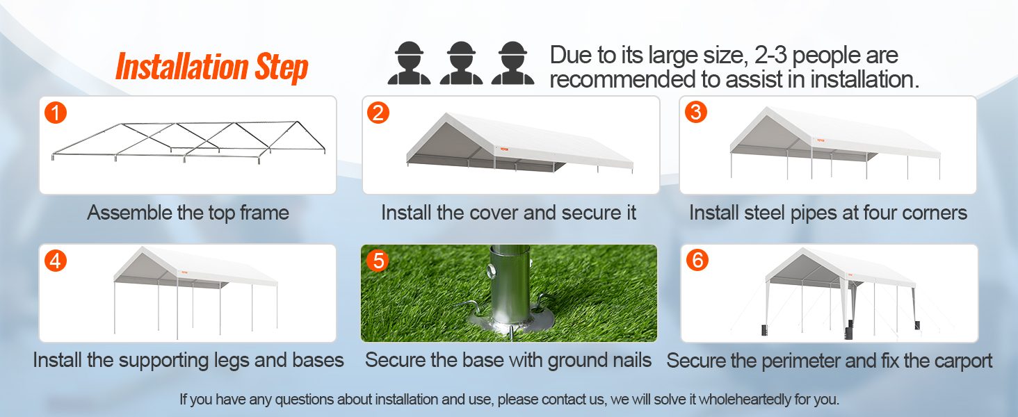 VEVOR carport installation steps include assembling the frame, securing beams, and installing the cover.