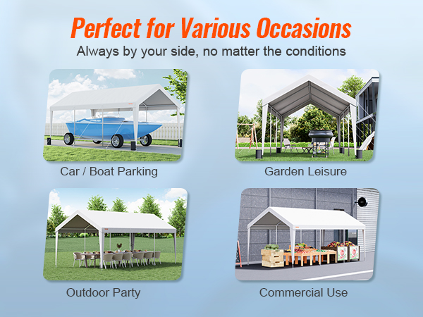 VEVOR carport for car/boat parking, garden leisure, outdoor party, and commercial use.
