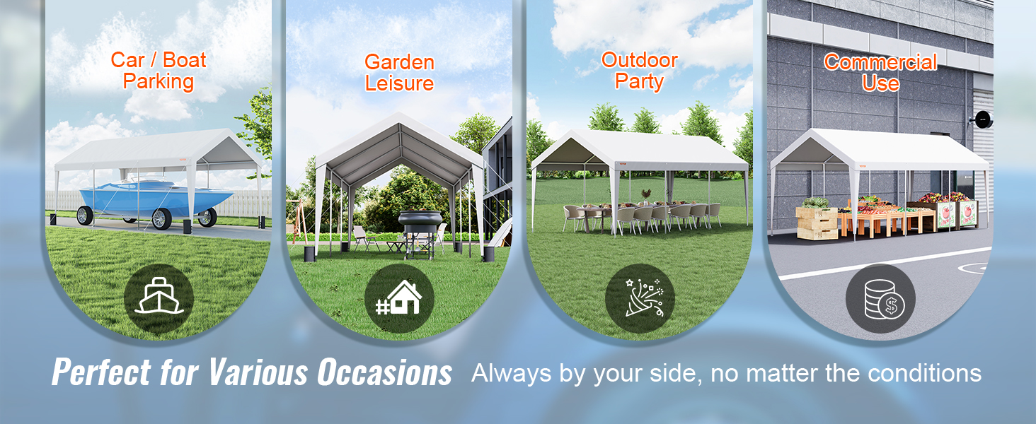 VEVOR carport for car/boat parking, garden leisure, outdoor party, and commercial use.