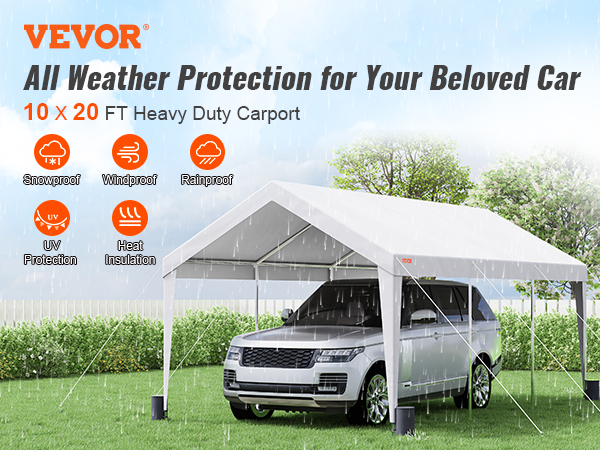 VEVOR carport 10x20 ft heavy duty protecting suv under rain, offering snowproof, windproof, uv protection.