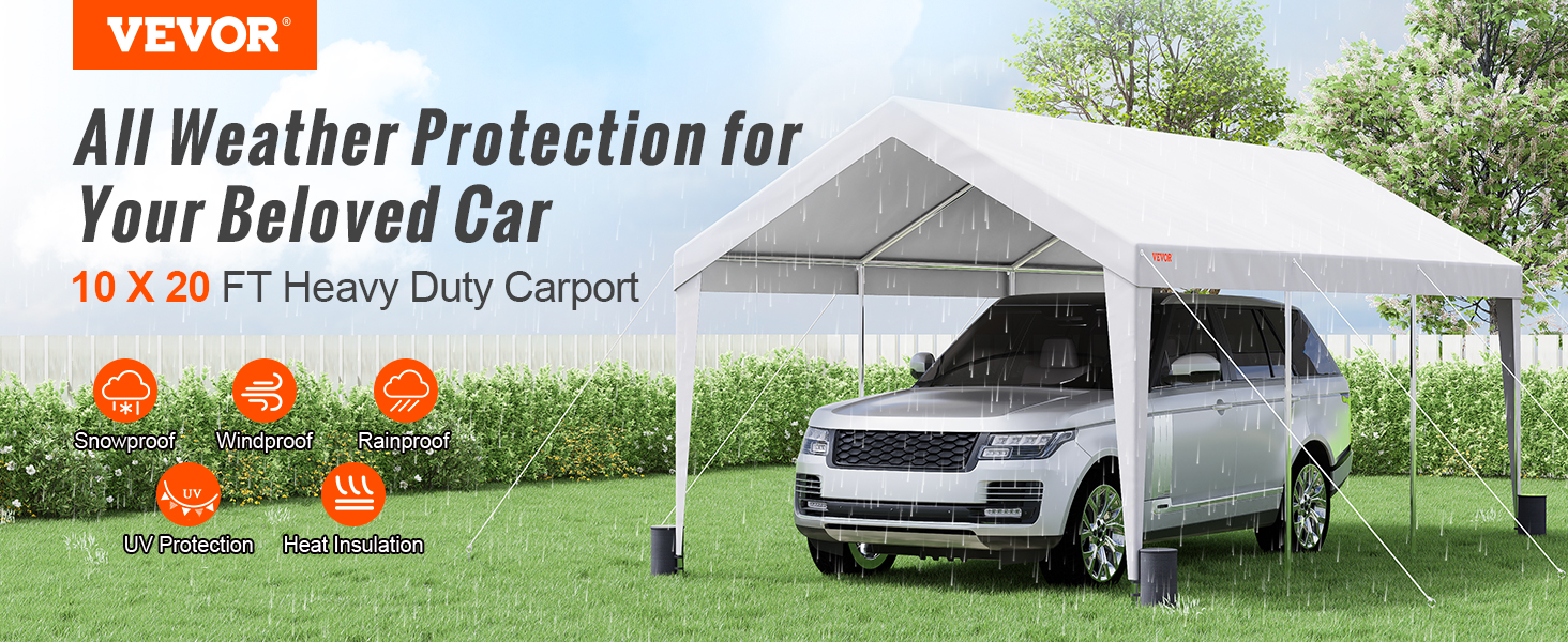 VEVOR carport 10x20 ft heavy duty protecting suv under rain, offering snowproof, windproof, uv protection.