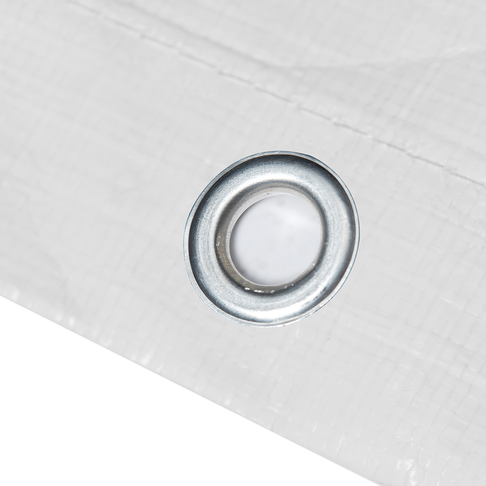 close-up of a metal grommet on a white tarp for VEVOR carport.