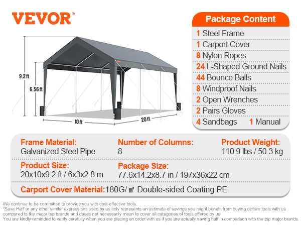 VEVOR carport heavy-duty, dark gray, galvanized steel frame, 10x20 ft, with accessories listed on the side.