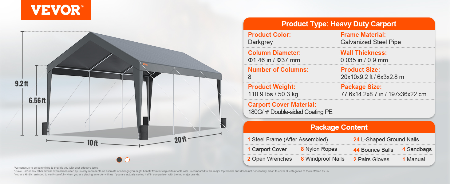 VEVOR carport heavy-duty, dark gray, galvanized steel frame, 10x20 ft, with accessories listed on the side.