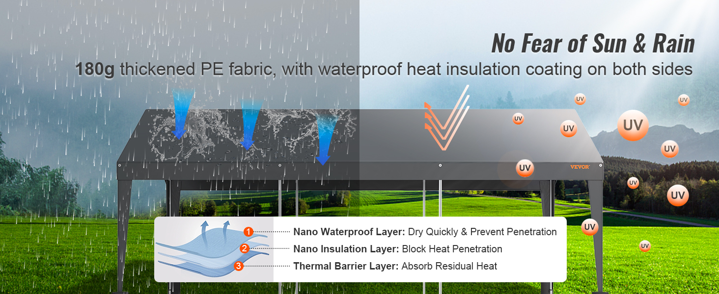 VEVOR carport with 180g thickened pe fabric, waterproof heat insulation, uv protection layers.