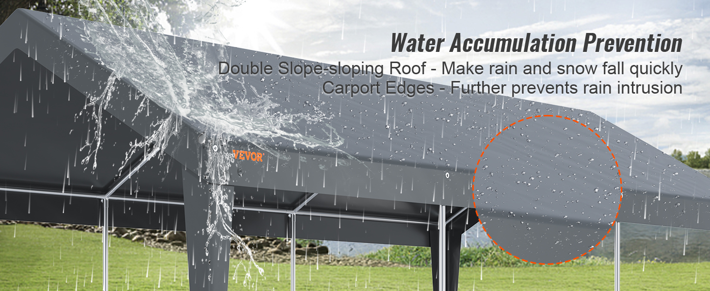 VEVOR carport with a double slope-sloping roof prevents water accumulation during heavy rain.