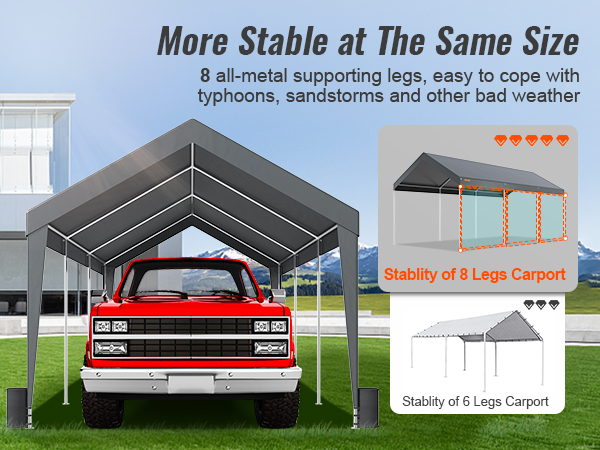 VEVOR carport with 8 all-metal supporting legs, stable in bad weather, housing a red truck.