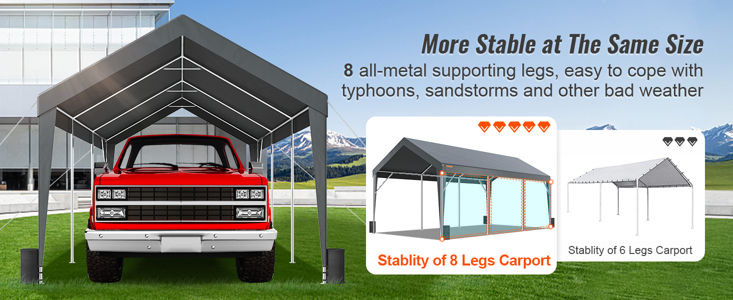VEVOR carport with 8 all-metal supporting legs, stable in bad weather, housing a red truck.