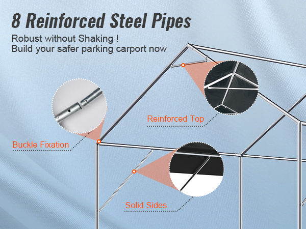 8 reinforced steel pipes and buckle fixation for VEVOR carport with reinforced top and solid sides.