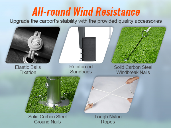 all-round wind resistance accessories for VEVOR carport: elastic balls, sandbags, steel nails, nylon ropes.