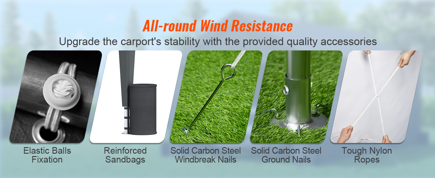 all-round wind resistance accessories for VEVOR carport: elastic balls, sandbags, steel nails, nylon ropes.